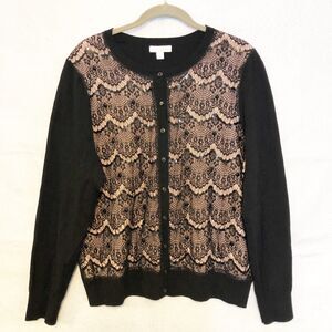 Charter Club Black Pink Lace Front Cardigan Sweater Ballet Ribbon NWT Size XL